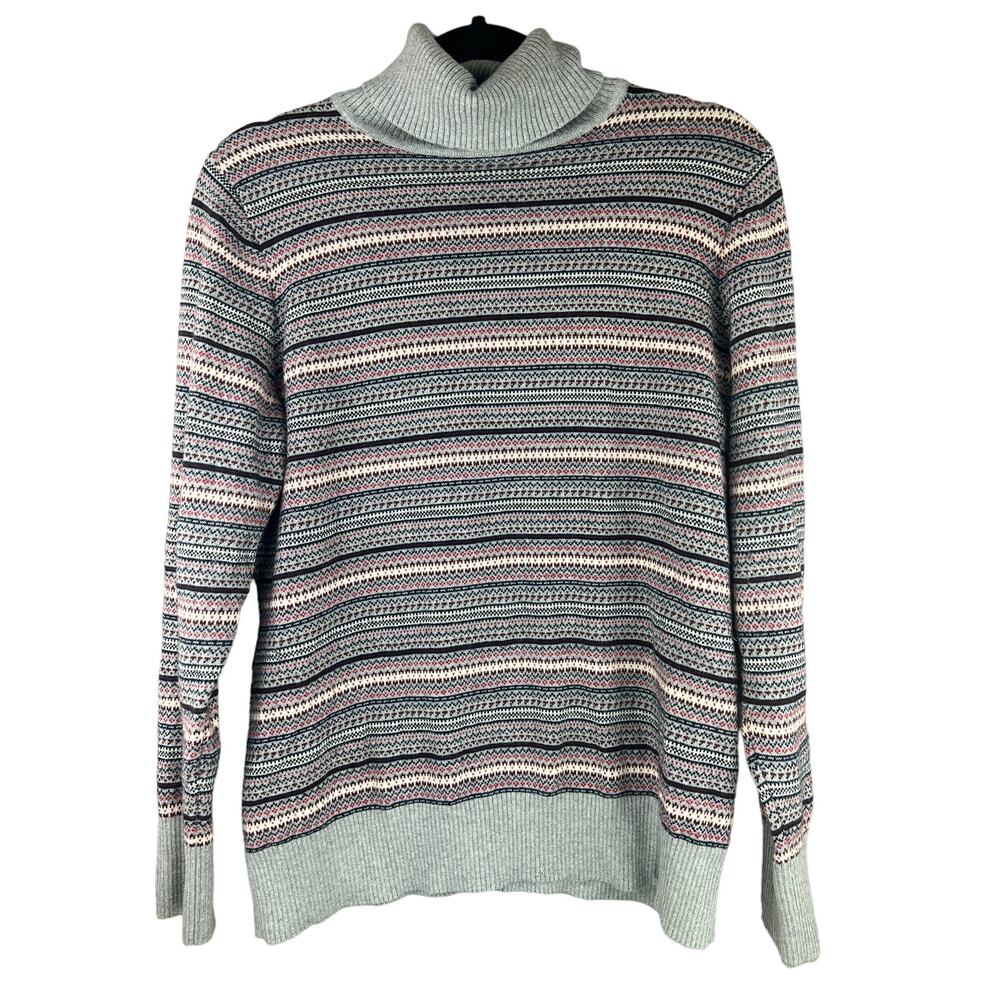 LL Bean Women's Gray Fair Isle Turtleneck Sweater Size L Cotton Cashmere blend
